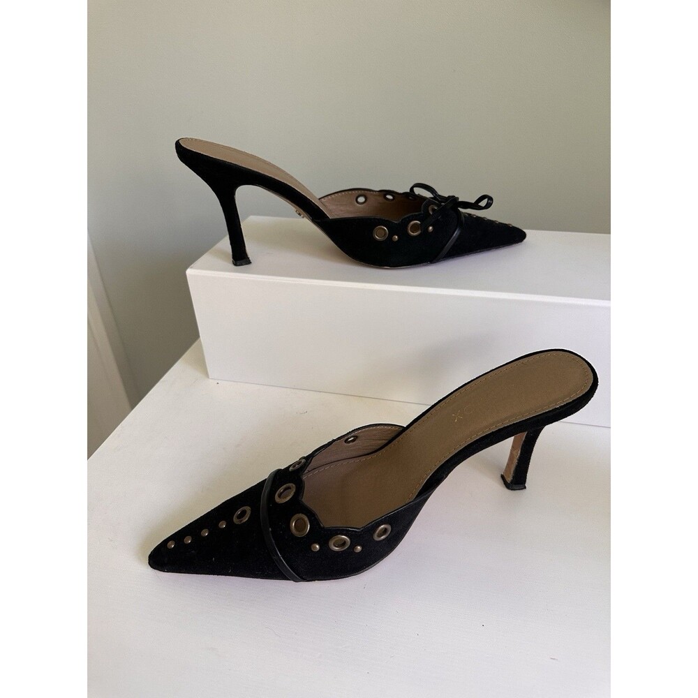 White Fox Black Suede Pointed Toe Mules Heels Grommets Bow Size 8 Y2K